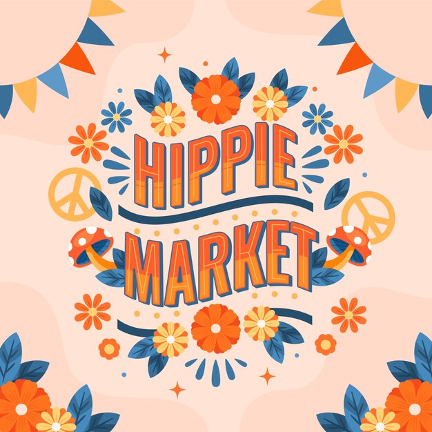 Vettore gratuito illustrazione di testo del mercato hippie a disegno piatto