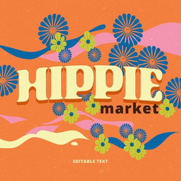 Illustrazione di testo del mercato hippie a disegno piatto