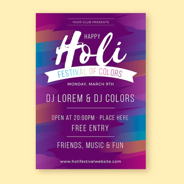 Vettore gratuito design piatto di holi festival poster party in colori sfumati