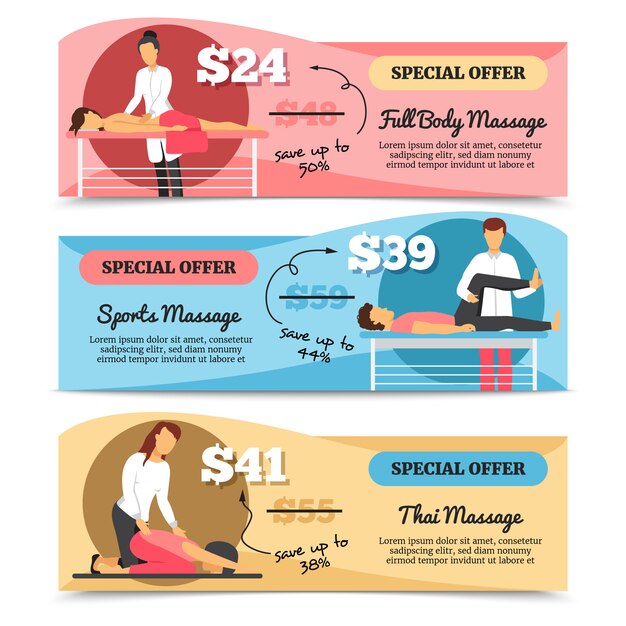Flat design horizontal various types of massage and health care special offer banners isolated on wh