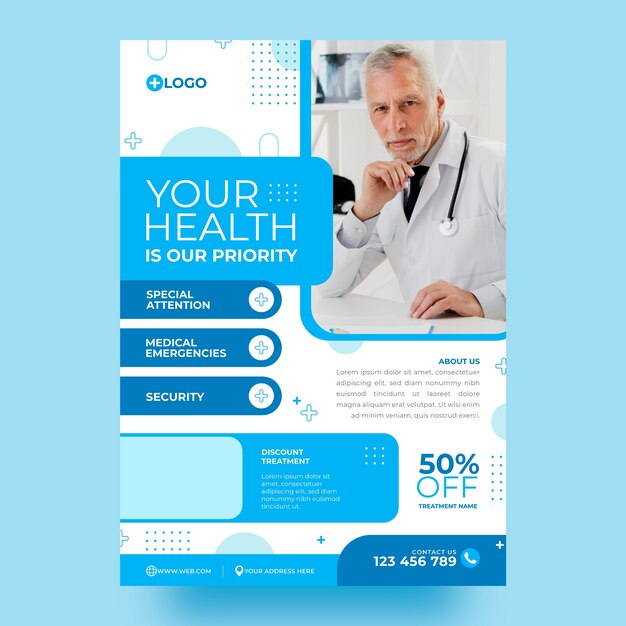 Flat design hospital facilities poster template