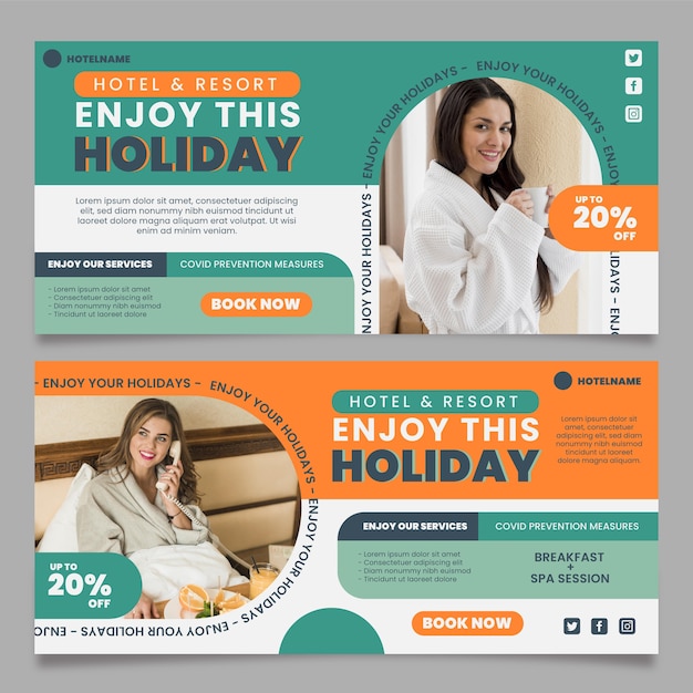 無料ベクター 写真付きフラットデザインホテルバナーテンプレート