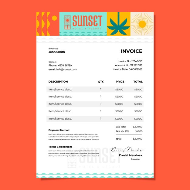 フラットなデザインのホテル リゾート請求書テンプレート