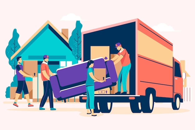Free vector flat design house moving concept with truck