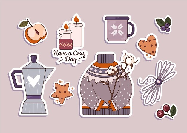 Flat design hygge stickers collection