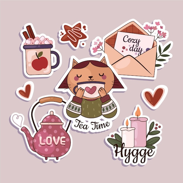Flat design hygge stickers pack