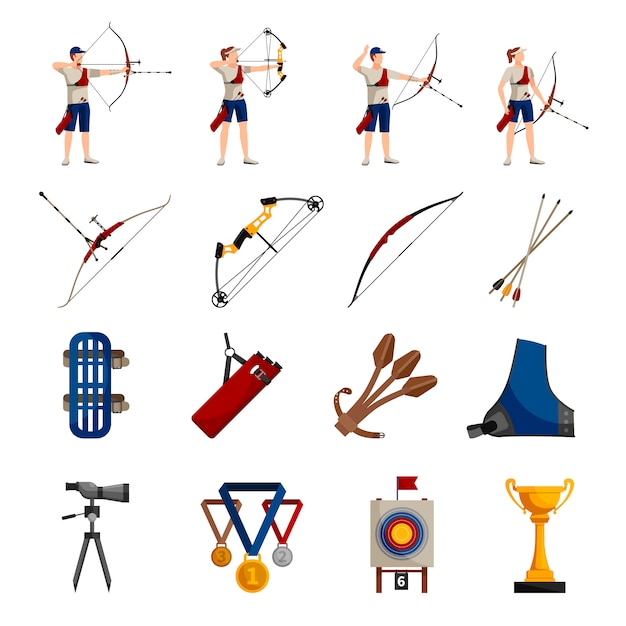Flat design icons set with archery players different types of bows necessary equipment