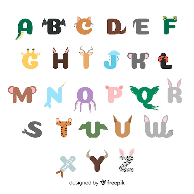 Vettore gratuito illustrazione design piatto dell'alfabeto animale