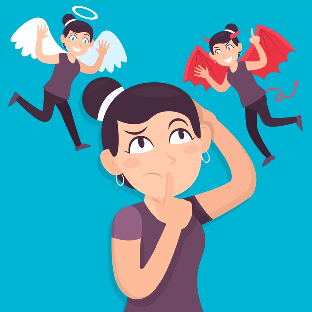 Flat design illustration ethical dilemma with angel and devil