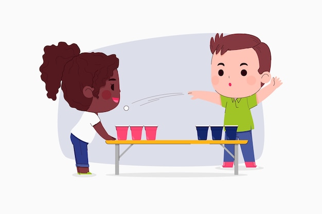 Illustrazione design piatto di amici che giocano a beer pong