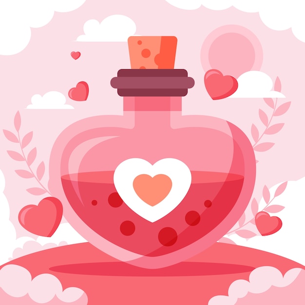 Vettore gratuito design piatto illustrazione pozione d'amore con foglie