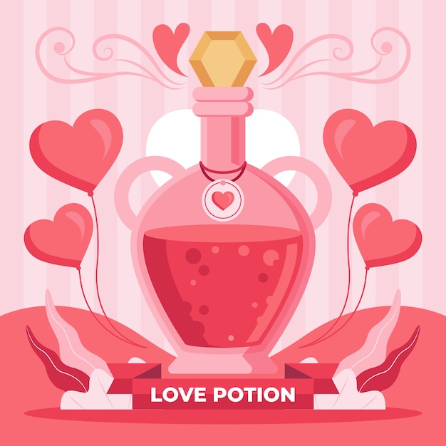 Vettore gratuito design piatto illustrazione pozione d'amore con cuori rossi
