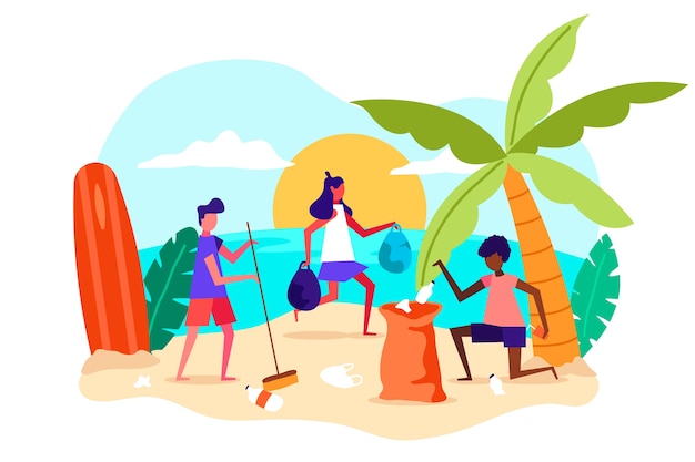 Free vector flat design illustration people cleaning beach