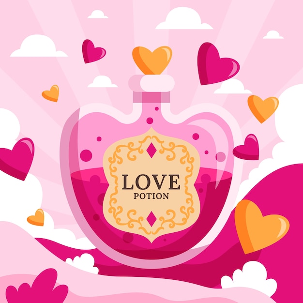 Flat design illustration pink love potion with hearts