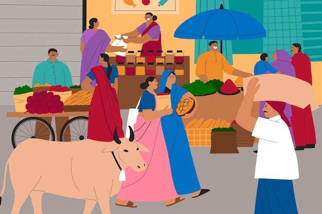 Иллюстрация индийского рынка плоского дизайна