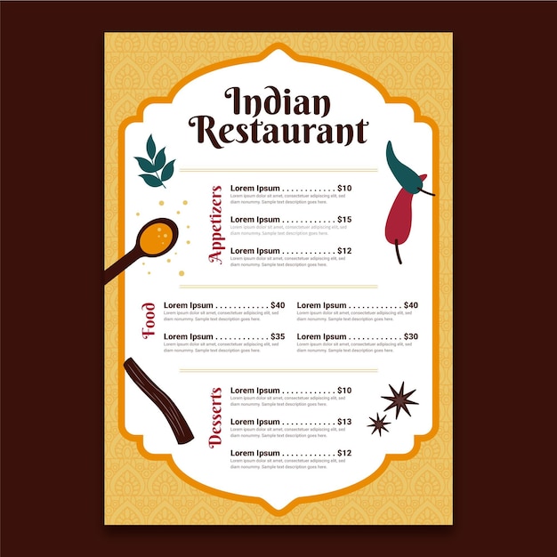 Индийский шаблон меню в плоском дизайне