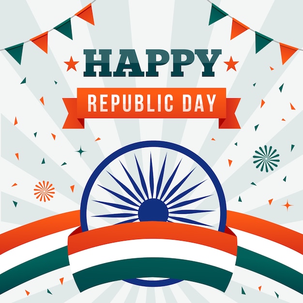 Free vector flat design of indian republic day with flag ribbon and garlands