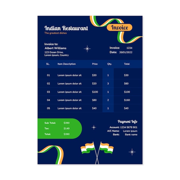 Flat design indian restaurant invoice template