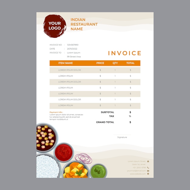 Free vector flat design indian restaurant invoice