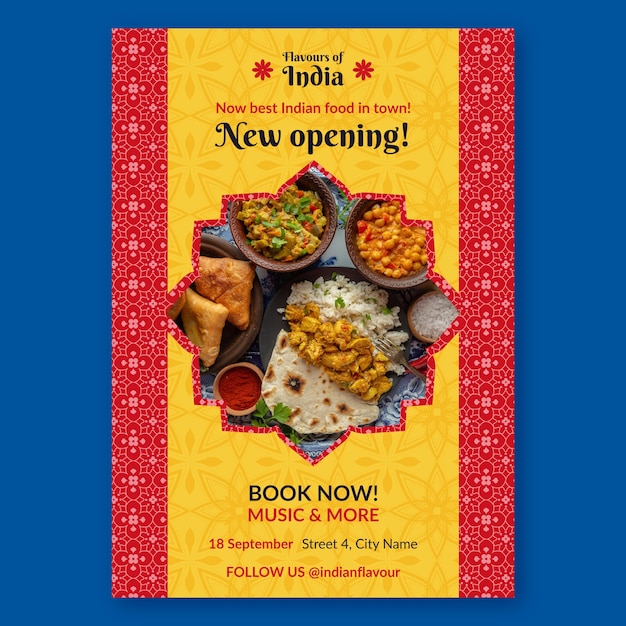 Бесплатное векторное изображение Шаблон плаката индийского ресторана в плоском дизайне