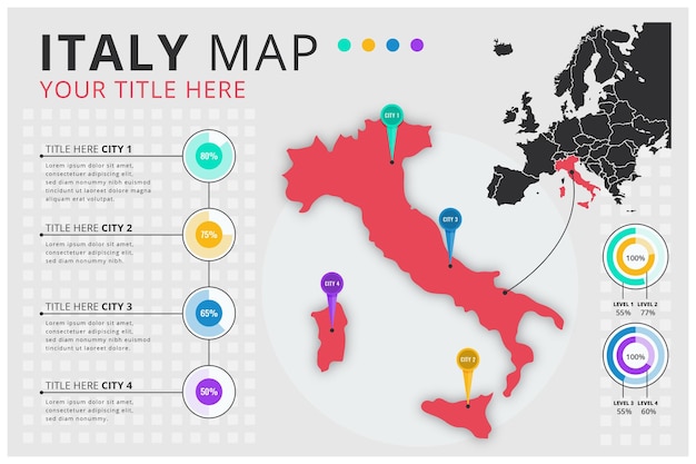 イタリアとヨーロッパのフラットデザインインフォグラフィックマップ