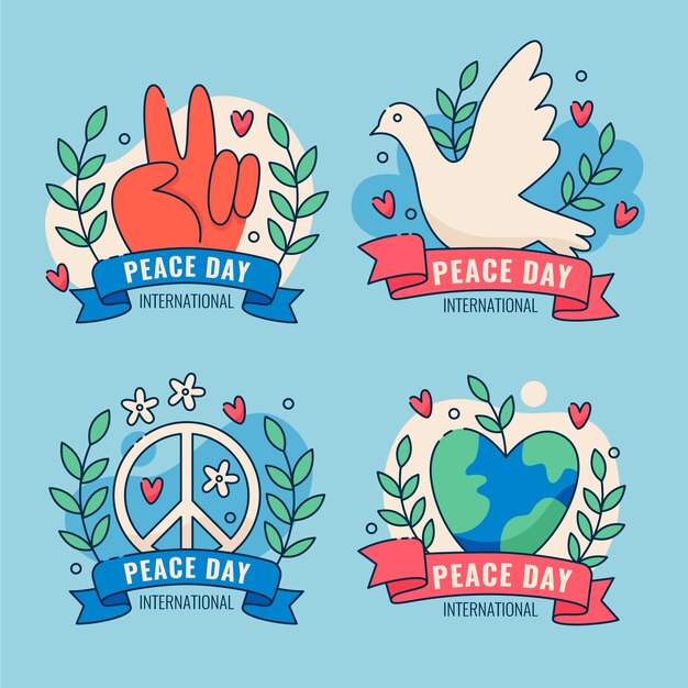 Flat design international day of peace badges collection