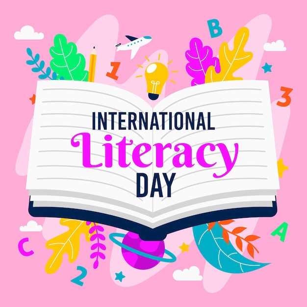 Free vector flat design international literacy day background with book