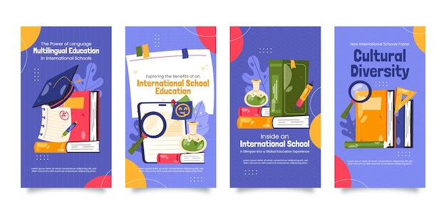 Бесплатное векторное изображение История instagram международной школы плоского дизайна