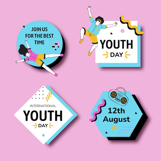 Free vector flat design international youth day badges template