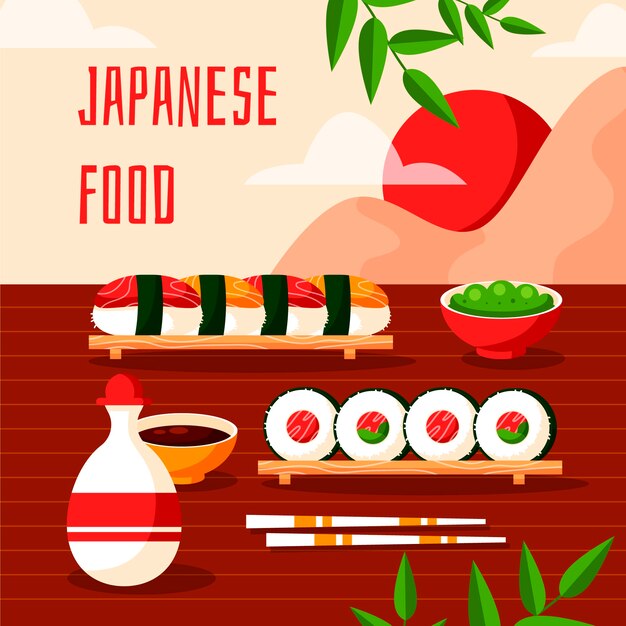 Иллюстрация японской кухни в плоском дизайне