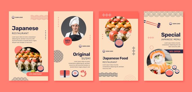 Истории instagram японского ресторана с плоским дизайном
