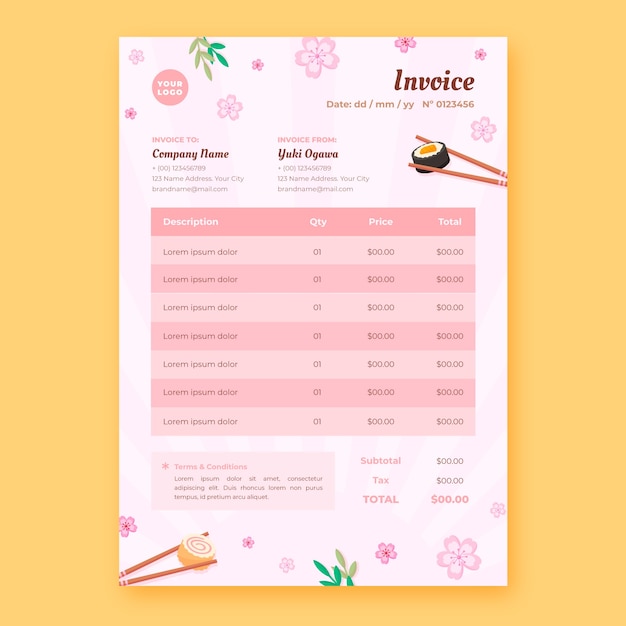 Flat design japanese restaurant invoice