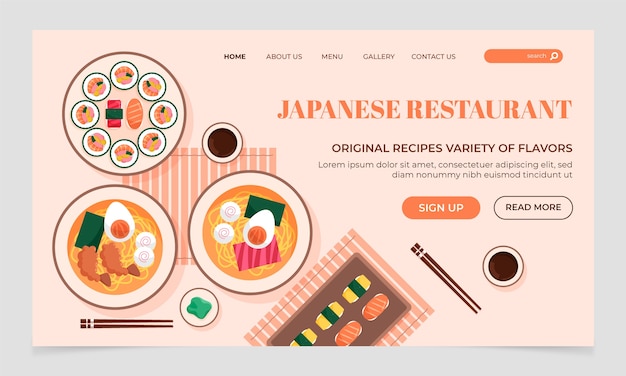 Шаблон целевой страницы японского ресторана с плоским дизайном