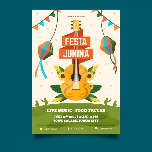 Flat design june festival poster template