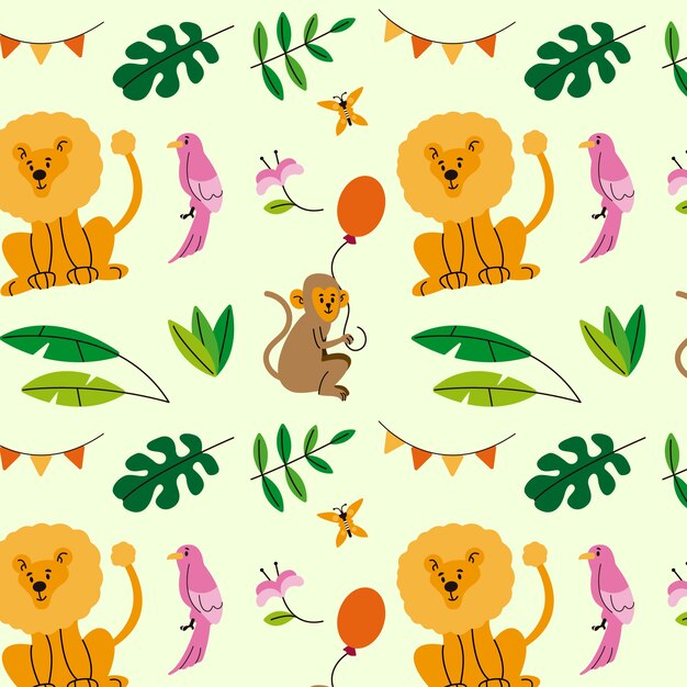 평면 디자인 정글 동물 생일 패턴