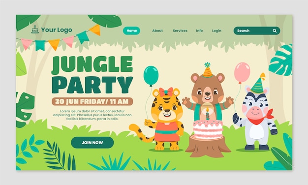 평면 디자인 정글 생일 방문 페이지