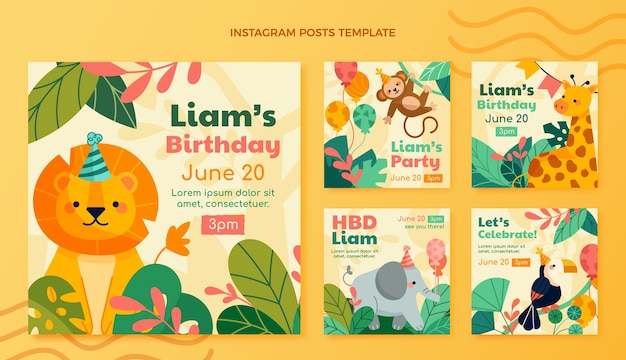 Free vector flat design jungle birthday party instagram posts