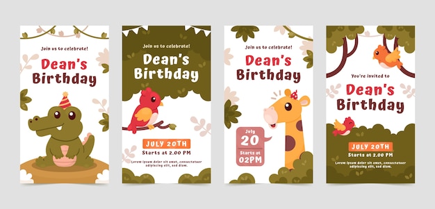 Free vector flat design jungle birthday party instagram stories