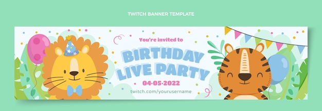 Free vector flat design jungle birthday party twitch banner