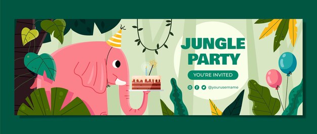 Заголовок твиттера на вечеринку по случаю дня рождения в джунглях в плоском дизайне
