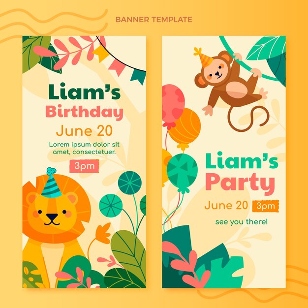 Flat design jungle birthday party vertical banners
