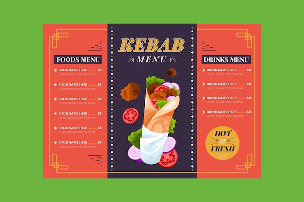 Vettore gratuito modello di menu kebab design piatto