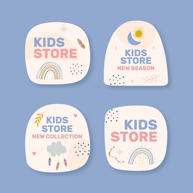 Free vector flat design kids store labels