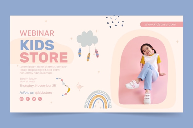 Vettore gratuito modello di webinar per negozio per bambini dal design piatto