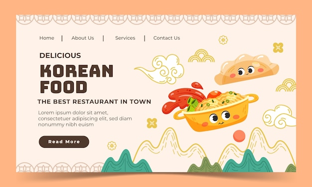 Free vector flat design korean food restaurant landing page