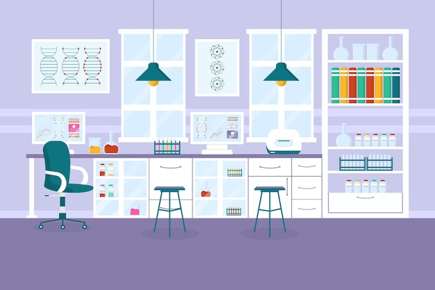 Flat design laboratory room with substances