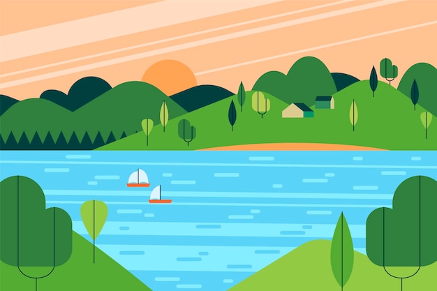 Flat design lake scenery