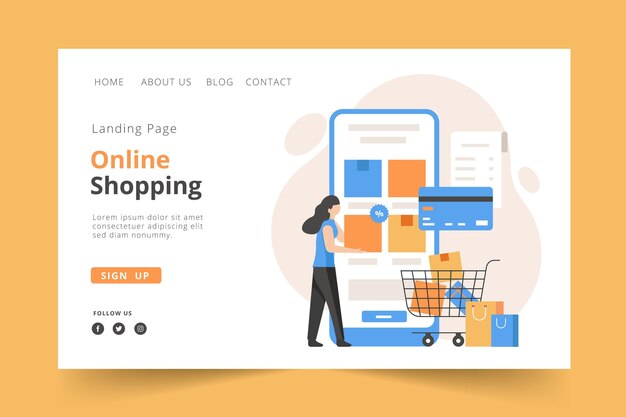 Flat design landing page online shopping template concept