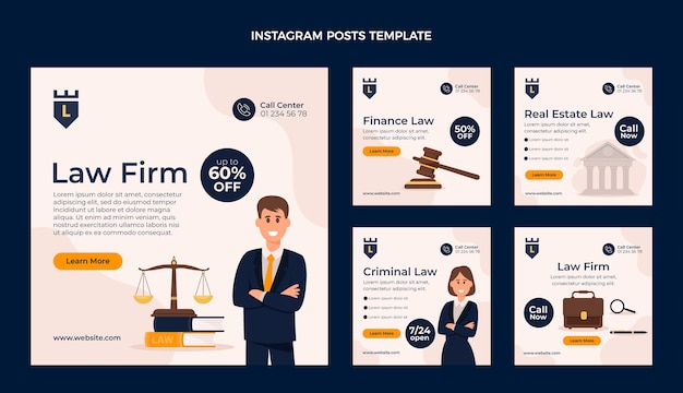 Бесплатное векторное изображение Коллекция постов в instagram юридической фирмы с плоским дизайном
