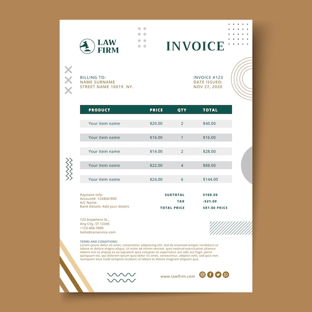 Free vector flat design law firm invoice template